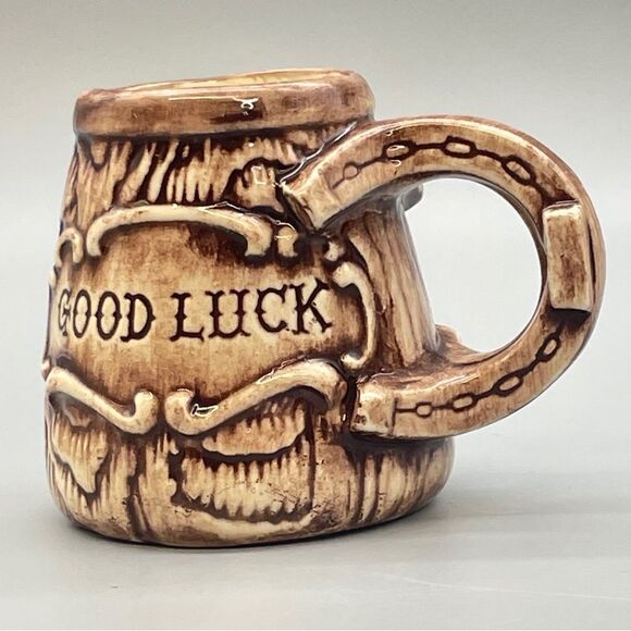 Vintage Brown Good Luck Ceramic Mug Horseshoe 1970s Florida Hand painted - Picture 1 of 15